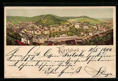 Lithographie Karlsbad, Ortsansicht mit Bergen
