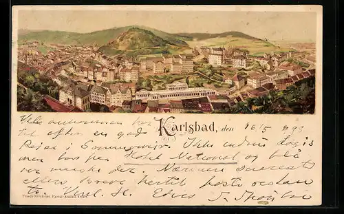 Lithographie Karlsbad, Ortsansicht aus der Vogelschau