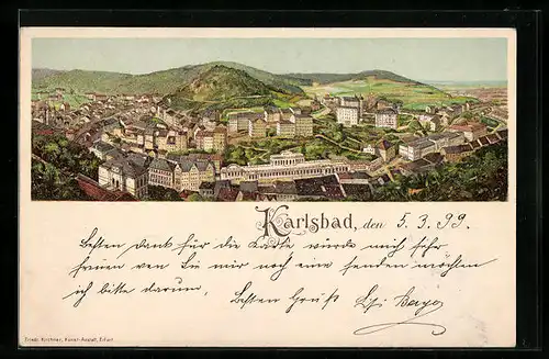 Lithographie Karlsbad, Totalansicht aus der Vogelschau