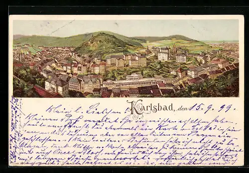 Lithographie Karlsbad, Ansicht Ort mit Bergen