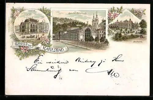 Lithographie Karlsbad, Theater, Sprudel-Colonnade, Stadtpark