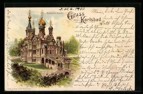 Lithographie Karlsbad, Russische Kirche