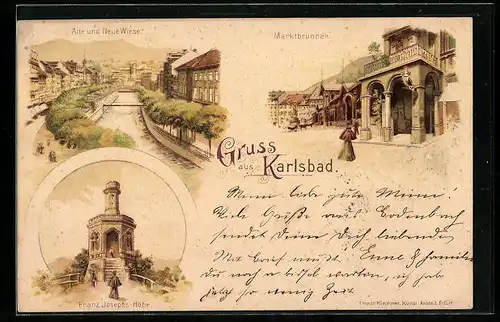 Lithographie Karlsbad, Marktbrunnen, Franz Josephs-Höhe