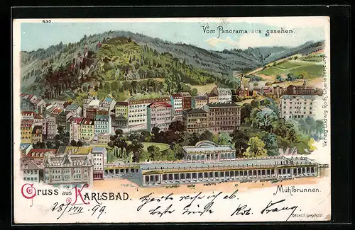 Lithographie Karlsbad, Vom Panorama aus gesehen, Mühlbrunnen