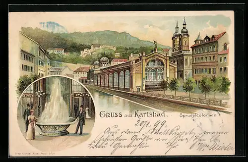 Lithographie Karlsbad, Blick auf Sprudelcolonade