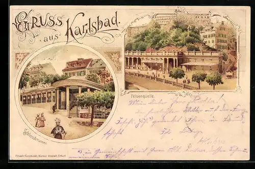 Lithographie Karlsbad, Schlossbrunnen, Felsenquelle