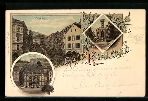 Lithographie Karlsbad, Theater, Parkstrasse
