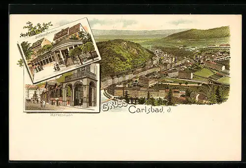 Lithographie Carlsbad, Schlossbrunn, Marktbrunn