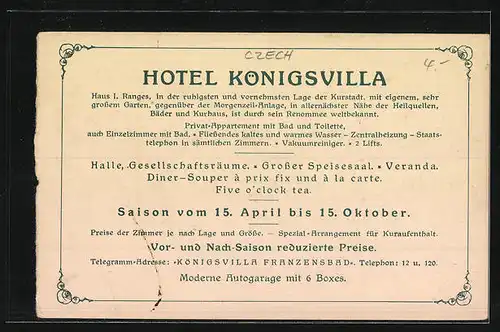 AK Franzensbad, Ortsansicht mit Hotel Königsvilla und Badehaus IV.