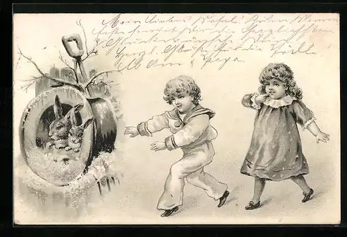 Präge-AK Kinderpaar und zwei Kaninchen im Zylinder