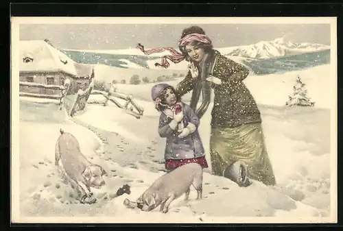 AK Frau mit Kind und Schweine im Schnee
