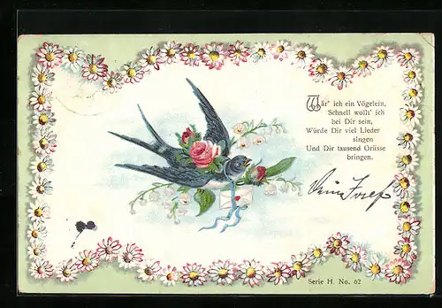 Präge-AK Briefschwalbe mit Maiglöckchen