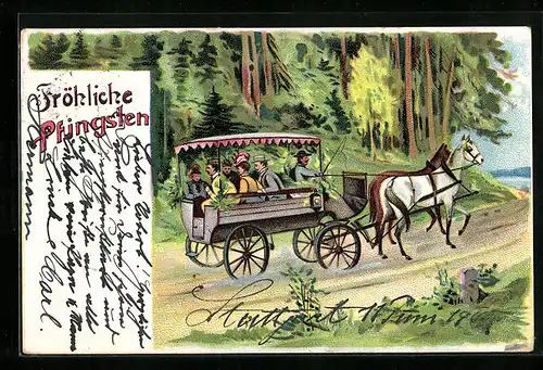 Lithographie Pfingstausflug mit Pferdekutsche