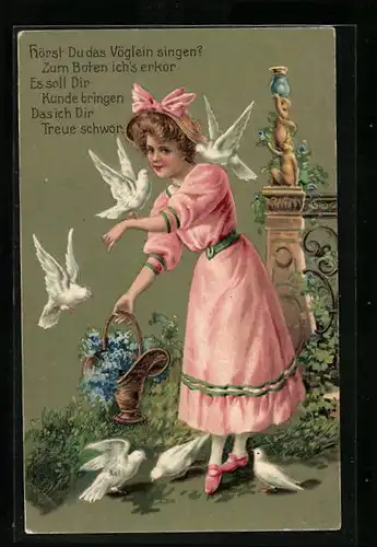 Präge-AK Mädchen mit Blumenkorb und weissen Tauben