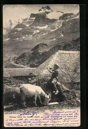 AK Flöte spielender Knabe mit Ziege vor einer Alpenhütte