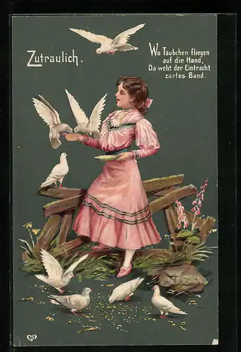 Präge-Lithographie Mädchen füttert weisse Tauben