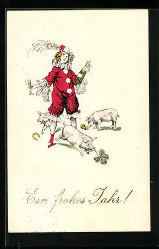 AK Harlekin mit Sektflasche und Schweinen, Neujahrsgruss