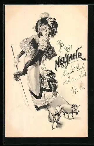 AK Dame mit Schweinen an der Leine, Neujahrsgruss
