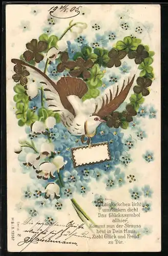 Präge-Lithographie Brieftaube mit Brief und Blumen