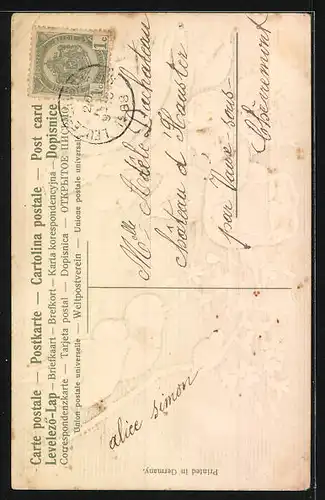 Präge-AK Zwei Meisen auf einem Rosenzweig