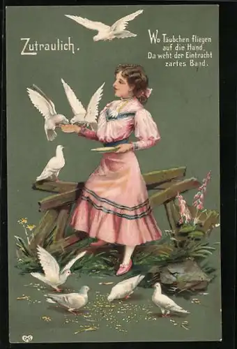 Präge-AK Zutraulich, Mädchen beim Füttern weisser Tauben