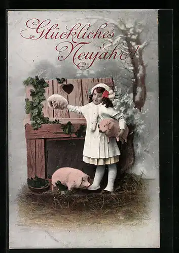 AK Mädchen mit Spielzeug-Schweinen, Neujahrsgruss