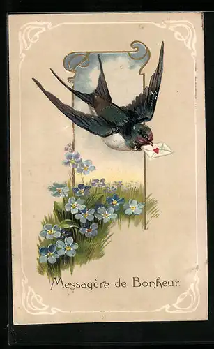 Präge-AK Fliegende Schwalbe mit Brief im Schnabel