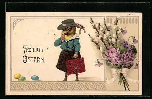 AK Fröhliche Ostern, Osterküken-Dame mit Hut