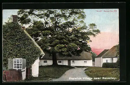 AK Beswick Village /Beverley, Blick auf Wohnhäuser und Baum