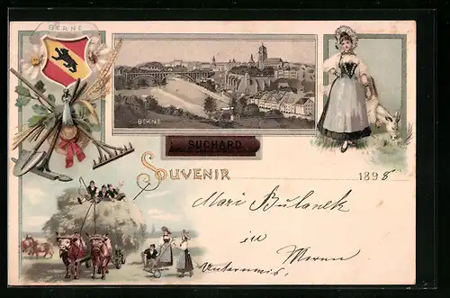 Lithographie Bern, Gesamtansicht, Trachtenbild, Wappen und Reklame Suchard