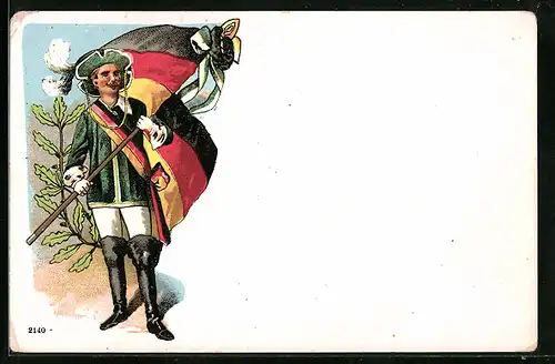 Künstler-AK Student mit Schärpe und Standarte, studentische Szene