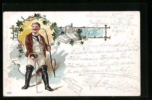 Lithographie Student mit Schläger und Pfeife, studentische Szene