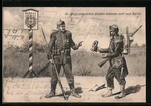 AK Soldat mit kaputten Stiefeln an der deutschen Grenze
