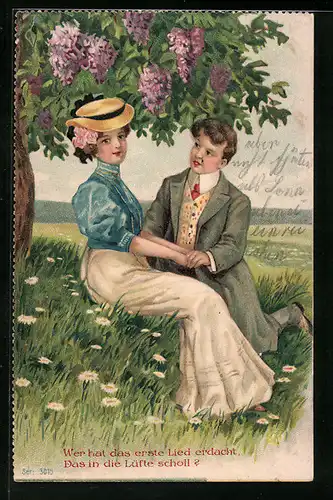 Lithographie Liebespaar auf einer Wiese unter blühendem Flieder