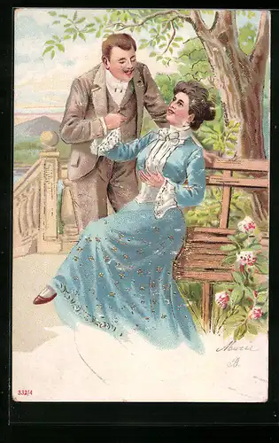 Lithographie Liebespaar auf einer Bank sitzend