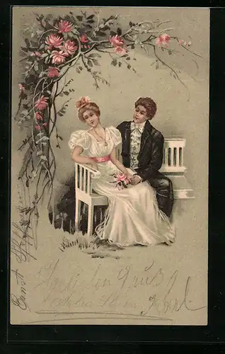 Lithographie Liebespaar unter Blütenranken auf einer Bank sitzend