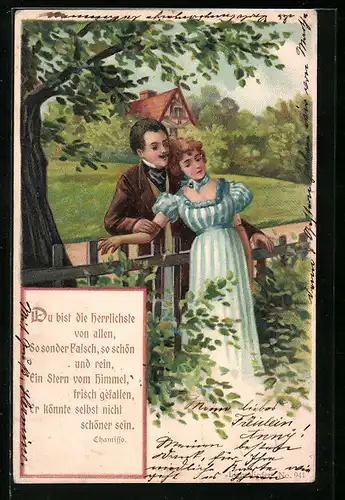 Lithographie Liebespaar am Zaun, Du bist die herrlichste...