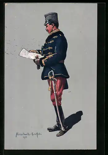 Künstler-AK Husarenstabsoffizier in Felduniform 1914-1915