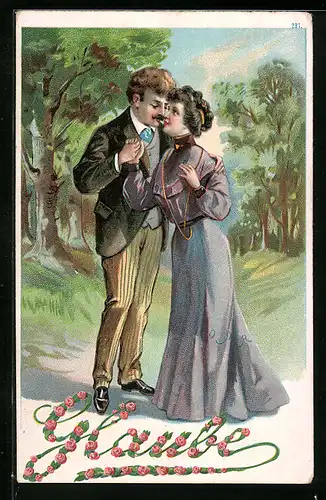 Präge-AK Glaube in Rosen geschrieben, Liebespaar hält Händchen