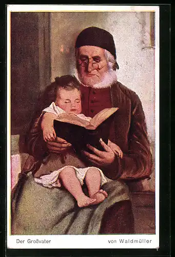 Künstler-AK Der Grossvater liest seinem Enkelkind vor