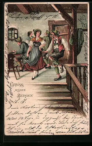 Lithographie Paare beim Volkstanz in der Hütte