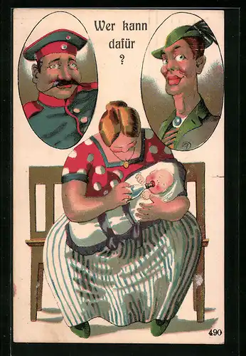 Künstler-AK Wer kann dafür?, Mutter fragt sich wer ist der Vater, Soldatenhumor