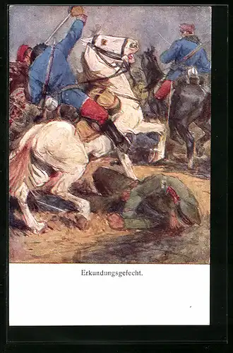 Künstler-AK Rotes Kreuz Nr. 195: Kavalleristen und Verwundeter beim Erkundungsgefecht