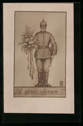 Künstler-AK Ich gratuliere!!, Soldat mit grossem Blumenstrauss