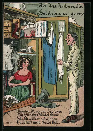 Künstler-AK Ja das haben die Soldaten so gerne, Frau im Spind, Soldatenliebe