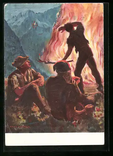 Künstler-AK Schweizer Bundesfeier 1943, Bauern ums Feuer