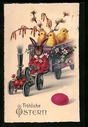 AK Osterhase bei Autofahrt mit Osterküken