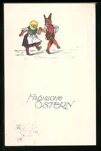 AK Osterhase und Osterküken tanzen zusammen