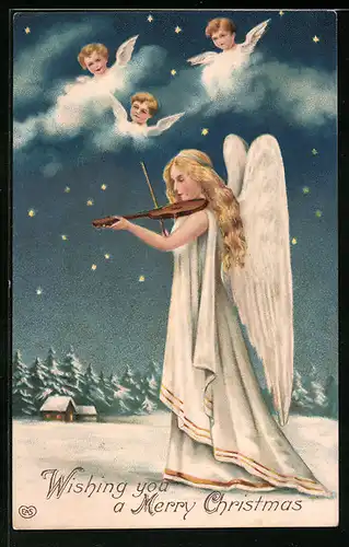 AK Weihnachtsengel spielt die Violine, Wishing you a Merry Christmas