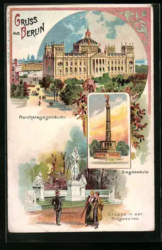 Lithographie Berlin, Siegessäule, Reichstagsgebäude, Gruppe in der Siegesallee